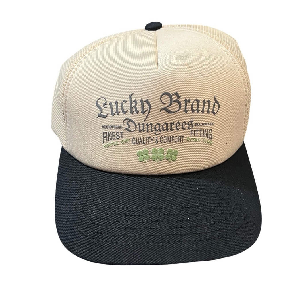 NEW Lucky Brand Trucker Hat Mens OS Cream Black Dungarees‎ Mesh Snapback Cap